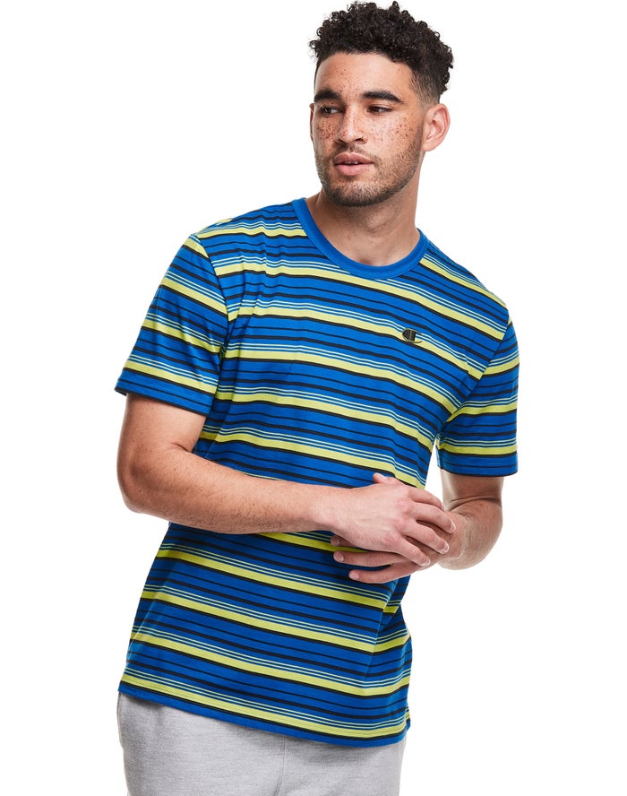 Champion Mens T-Shirt NZ - Yarn-Dye Stripe C Logo Blue/Yellwo ( 2509-KSDBM )